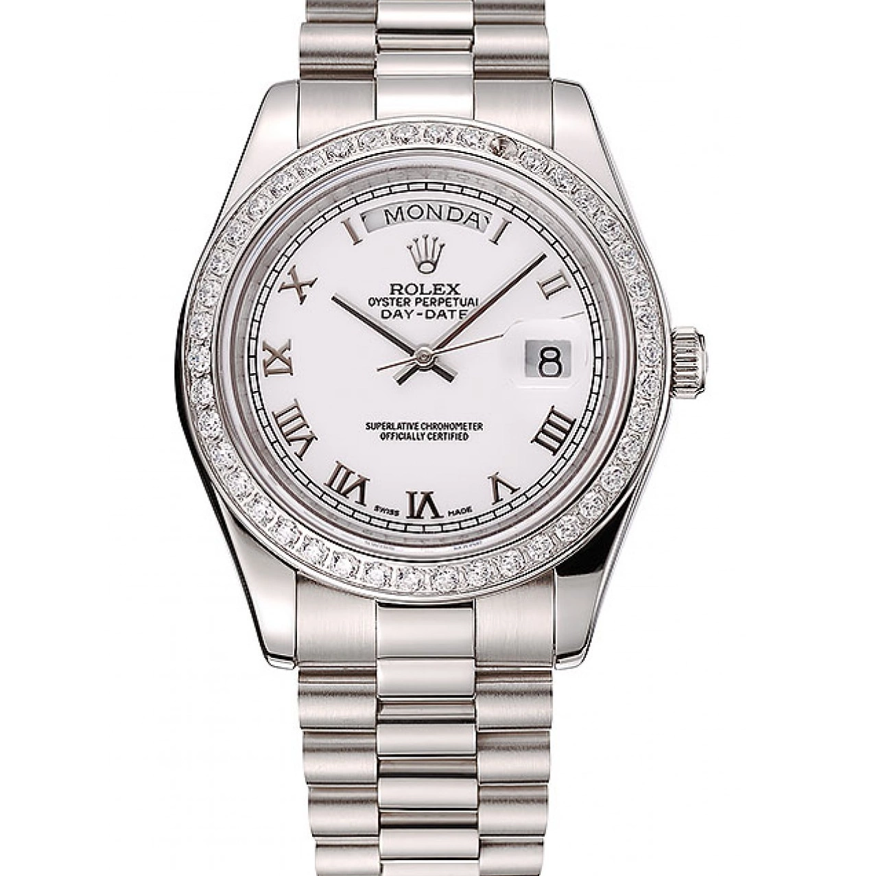AAA replica watch Case Diamond Bracelet White Day-Date Swiss Dial Rolex Steel 1453967 Stainless 0723